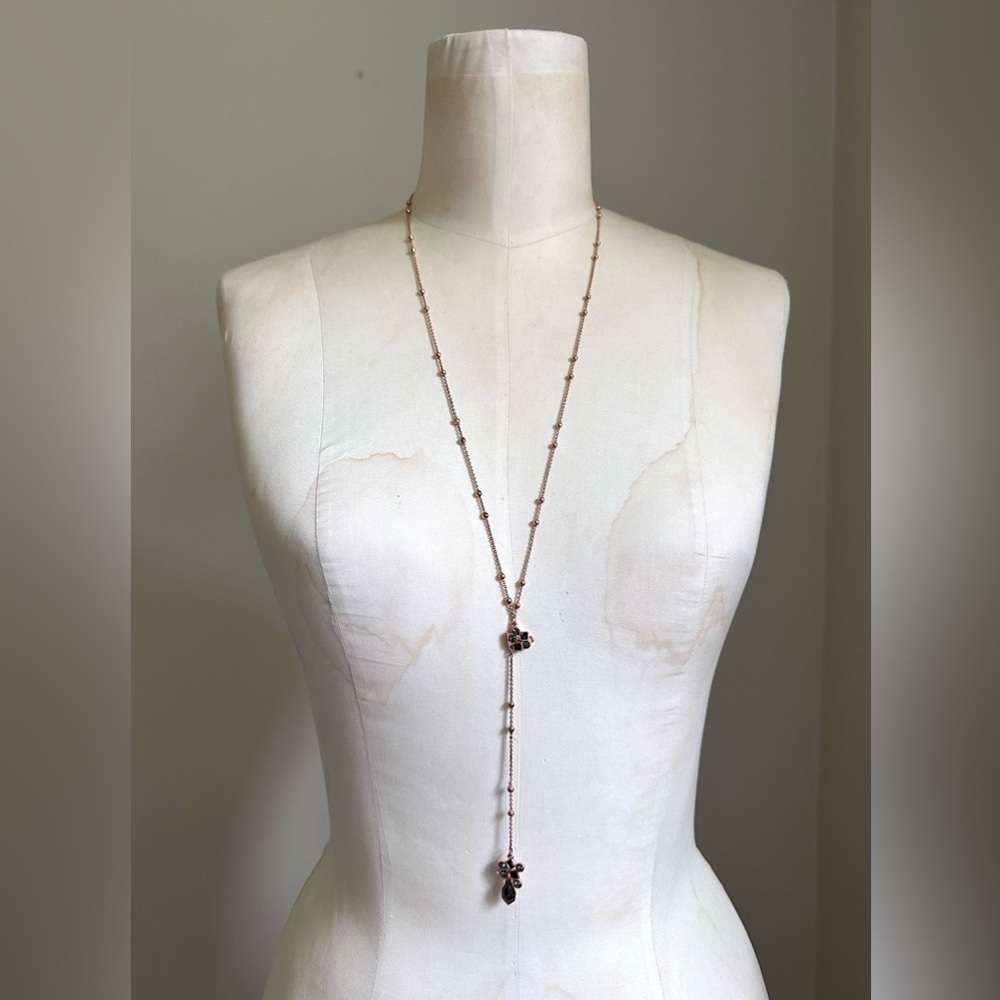 Rose Gold Tone Lariat Style Drop Necklace - Green Gray Gemstones, Signed RM